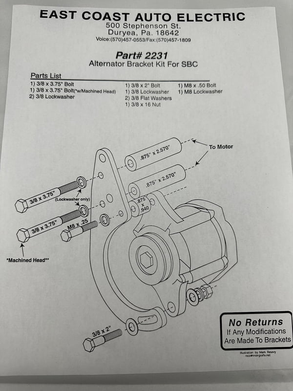 SBC, Alternator Bracket, 2025/2027 Alternators, Low Mount, Aluminum