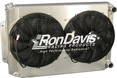 LS Conversion Radiator, 67-69 Camaro / Firebird, w/ Dual 13" Spal Fans (3420 CFM) & Shroud, Integrated Coolant Recovery Tank, With Trans Cooler, 30.75" W x 19" Tall x 6.75" Thick
