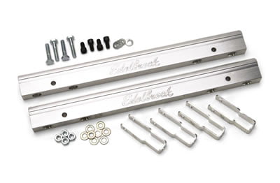 BBC Fuel Rails, Victor EFI, Aluminum, Clear Anodized, #6 AN In & Out, Includes Hardware, Pair