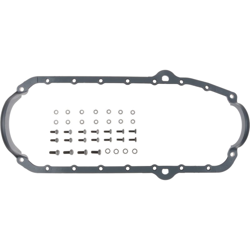 SBC Oil Pan Gasket, 1 Piece Gasket, Rubber/Steel Core, Driver-Side & Pass. Side Dipstick, 2 Piece Rear Main Seal, Thick Front Seal, 1975-1985 Chevy