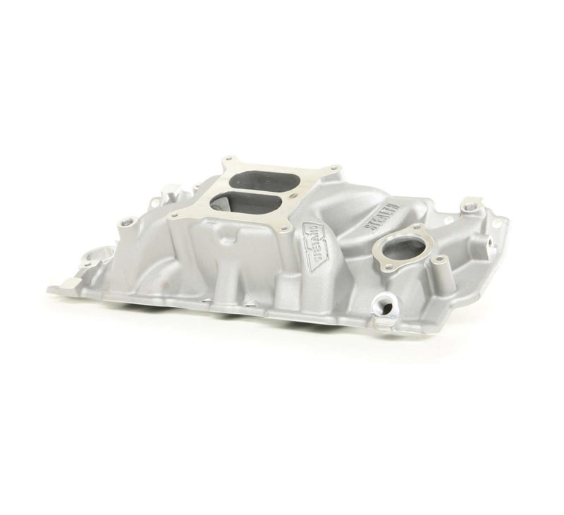 SBC, Dual Plane Intake Manifold, Stealth, Natural, Aluminum, Non-EGR, 4150 Square Bore, Chevy Small Block Gen I, 1500-6700 RPM